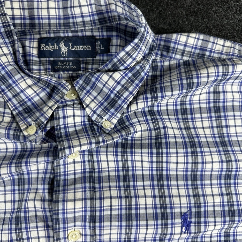Polo Ralph Lauren Blake Button Down Short Sleeve Shirt‎ Mens LG Blue Plaid VGC